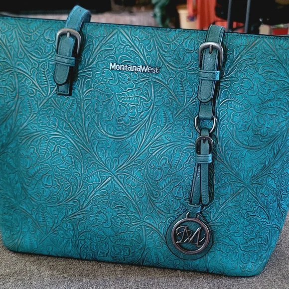 Montana West Teal Tooled Conceal Carry Tote Bag - Picture 1 of 8